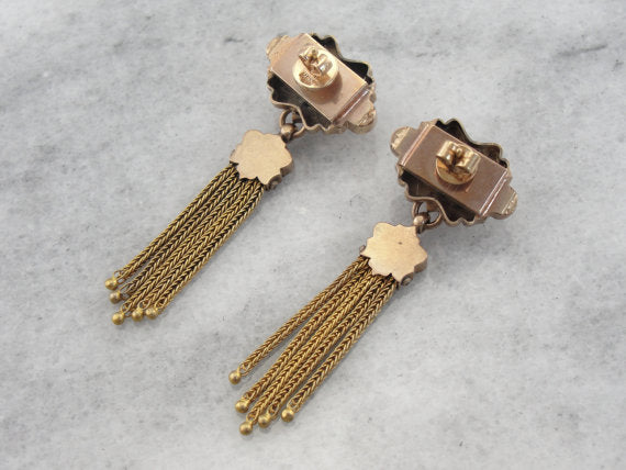 Exceptional Victorian Tassel Earrings, Rose Gold, Pearls & Enamel. Pierced