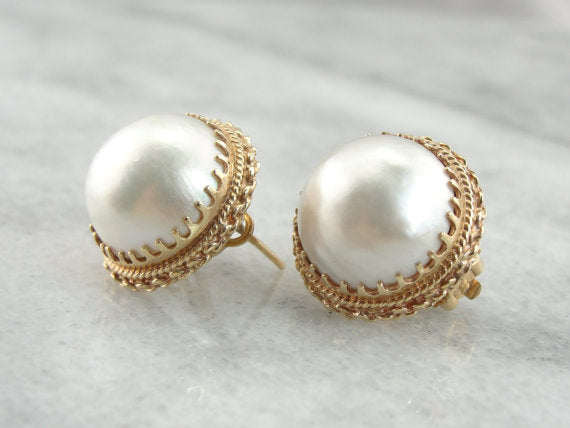 Bold and Beautiful Mabe Pearl Earrings in Fine Gold