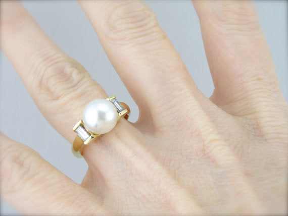 Pearl and Baguette Diamond Cocktail Ring