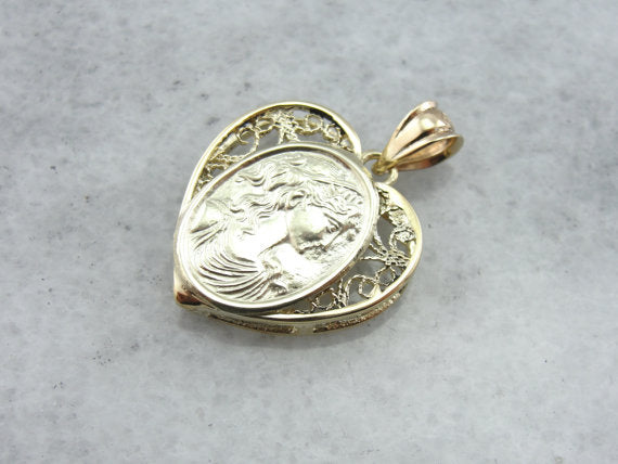 Greek Woman's Relief in Filigree Heart Pendant