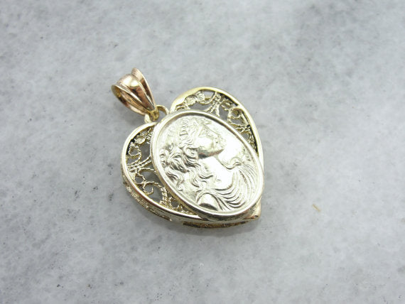 Greek Woman's Relief in Filigree Heart Pendant