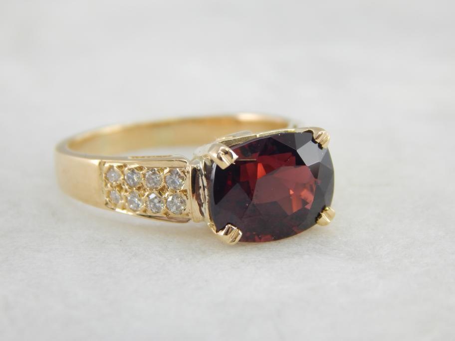 Deep Red Pyrope Garnet, Pave Diamonds and Gold Cocktail Ring