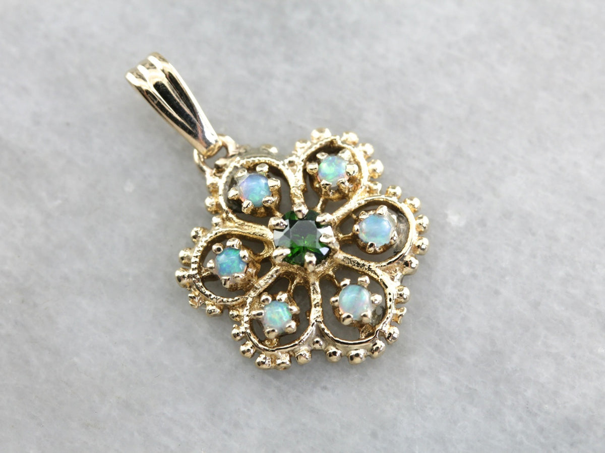 Lovely Floral Opal Demantoid Garnet Gold Pendant