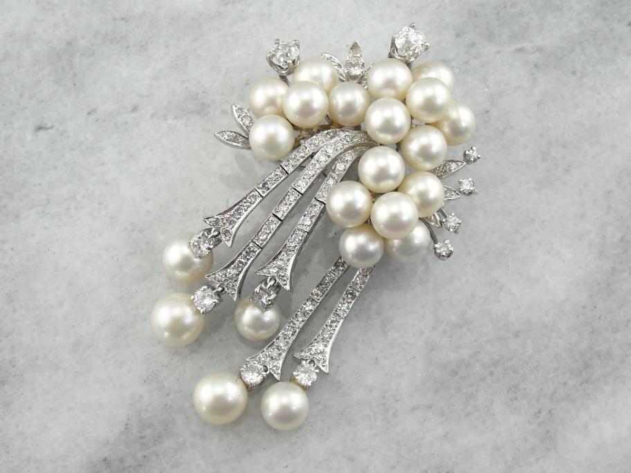 Edwardian Diamond and Pearl Brooch En Pendant, White Gold