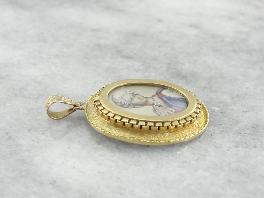 Hand-Painted Antique Miniature Portrait in 18K Gold Pendant