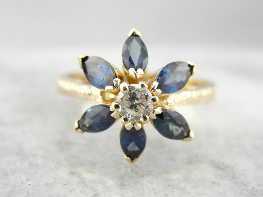 Vintage Sapphire and Diamond Brown-Eyed Susan Daisy Ring