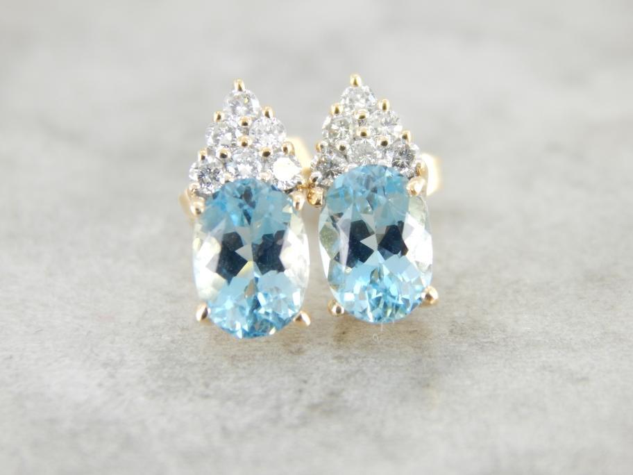 Oval Aquamarine and Diamond Stud Earrings