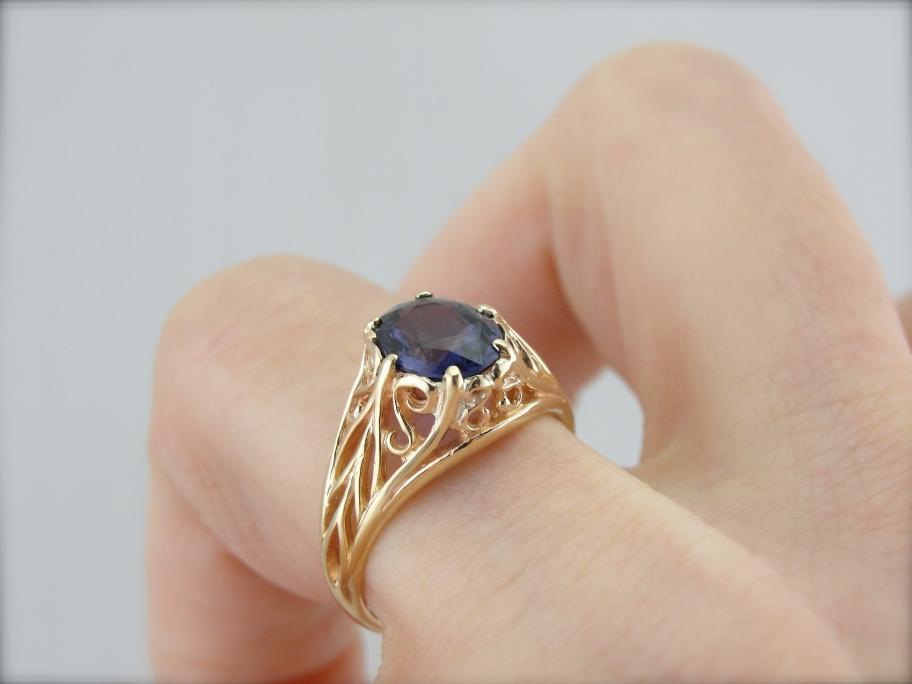 Rosy Gold and Purple Sapphire Filigree Ring for Engagement or Statement Piece