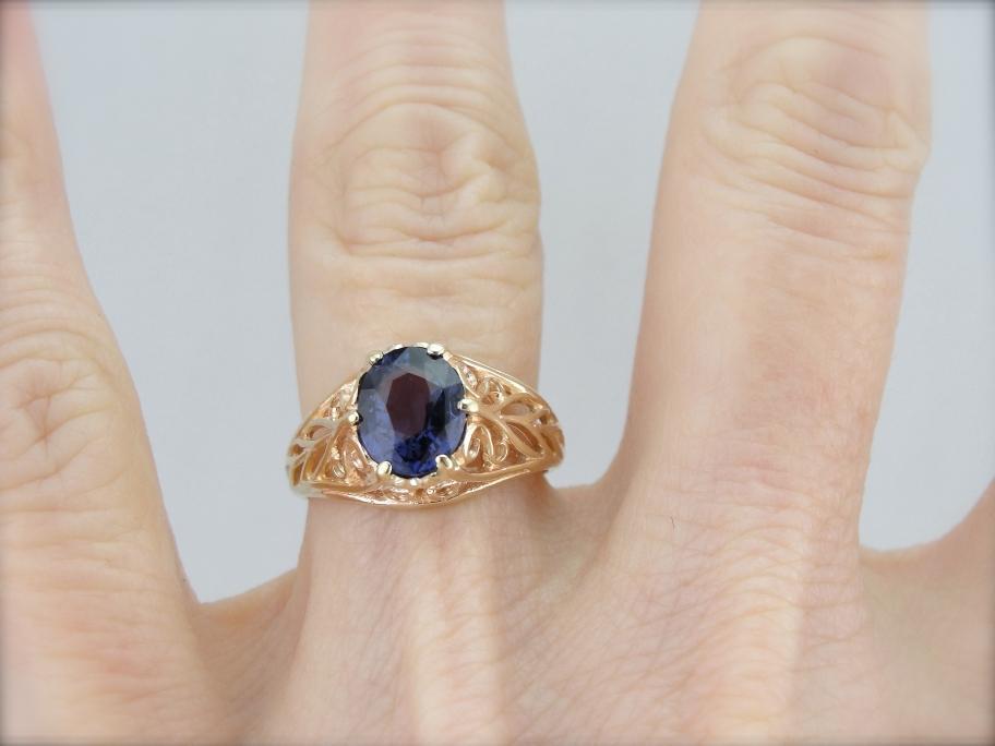 Rosy Gold and Purple Sapphire Filigree Ring for Engagement or Statement Piece