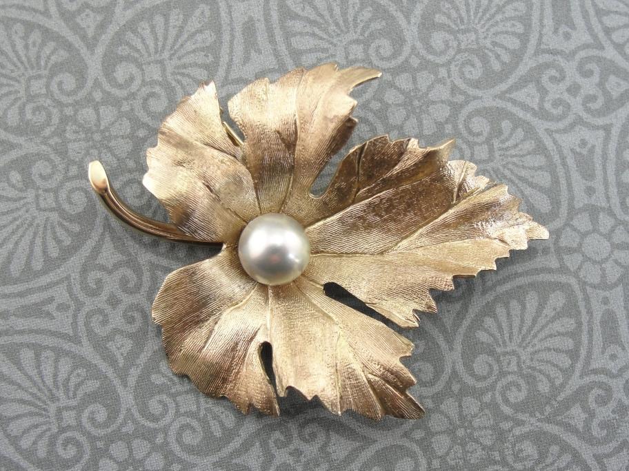 Gold Grape Leaf Brooch with Pearl Center