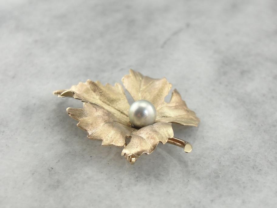 Gold Grape Leaf Brooch with Pearl Center