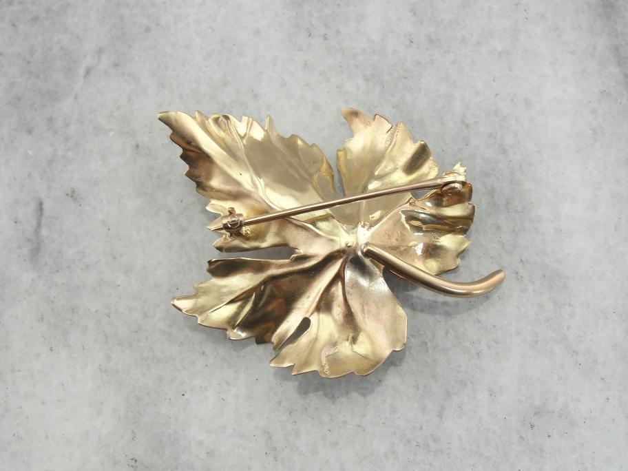 Gold Grape Leaf Brooch with Pearl Center