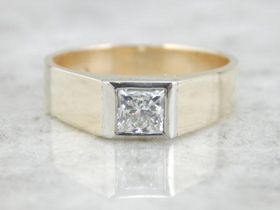 Mens Minimalist Ring with Square Cut Diamond, German Gold